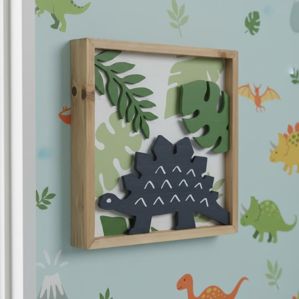 Stegosaurus Dinosaur and Leaves Wood Wall Decoration Kids Room Decor Sign